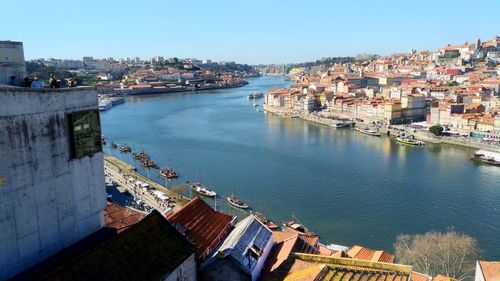 High angle view of river amidst houses against sky