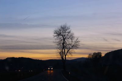 Silhouette bare trees on road against sky at sunset