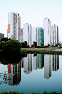 Reflection of buildings in lake against clear sky