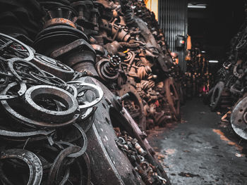 Close-up of old metal stack in junkyard