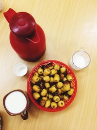 High angle view of fruits in bowl on table