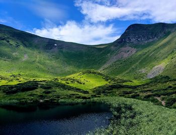 Scenic view of lake and mountains against sky