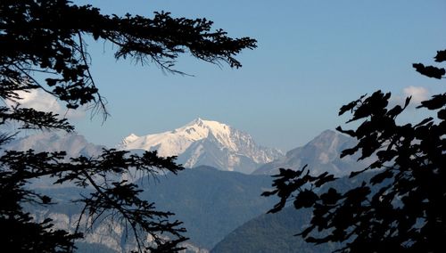 Scenic view of snowcapped mountains against sky at sunset