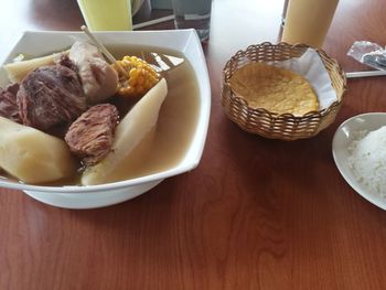 High angle view of food in plate on table