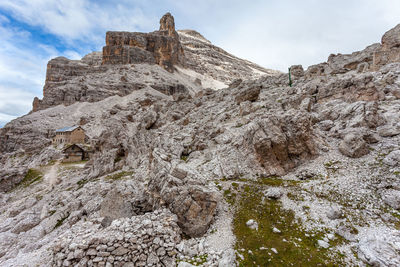 Low angle view of rock formations on mountain against sky