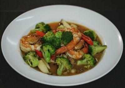 High angle view of salad in bowl on table