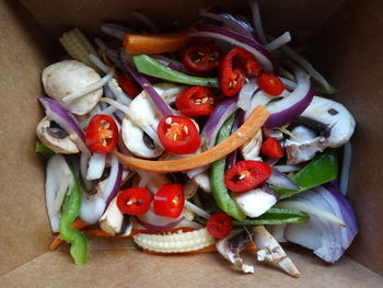 High angle view of chopped vegetables on table