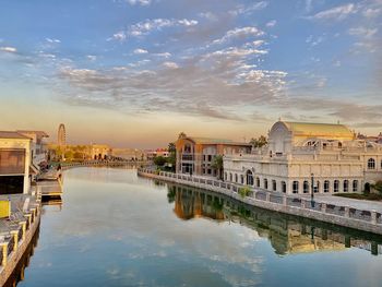 Reflection of buildings in lake at sunset