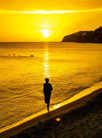 Rear view of silhouette man standing on beach during sunset