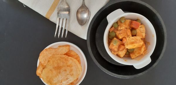 High angle view of breakfast served on table