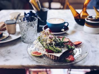 High angle view of food in plate on table