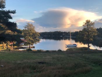 Scenic view of lake by trees on field against sky