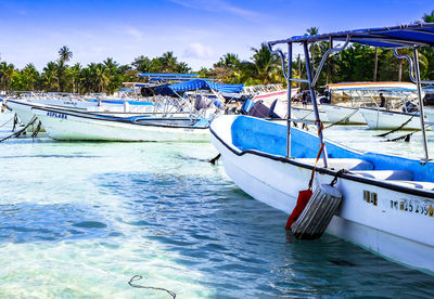 Boat moored in sea against sky