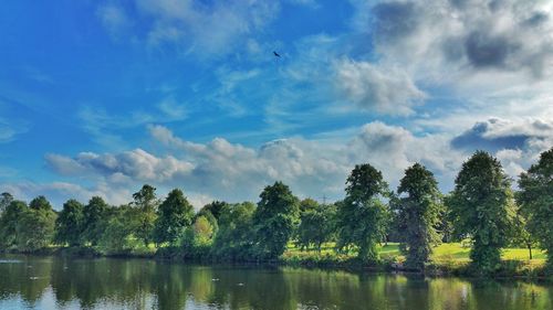 Scenic view of lake against cloudy sky