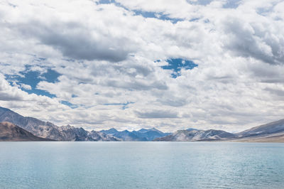 Scenic view of lake against cloudy sky