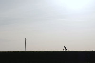 Silhouette person riding horse on field against sky