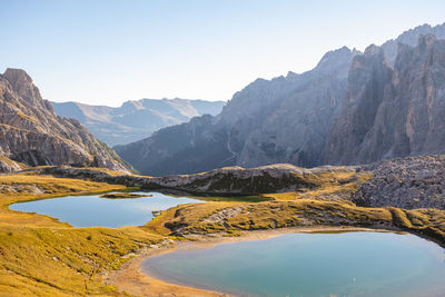 Scenic view of lake and mountains against clear sky