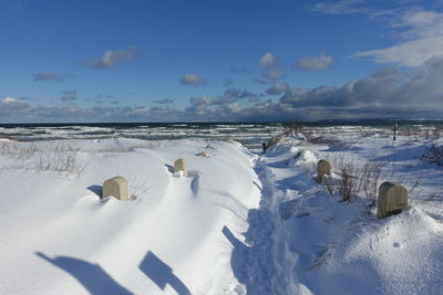 Snow covered land and sea against sky