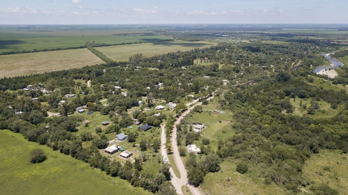 High angle view of trees on field against sky