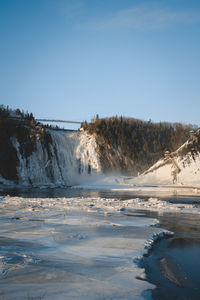 Scenic view of snow covered landscape and waterfall against clear blue sky