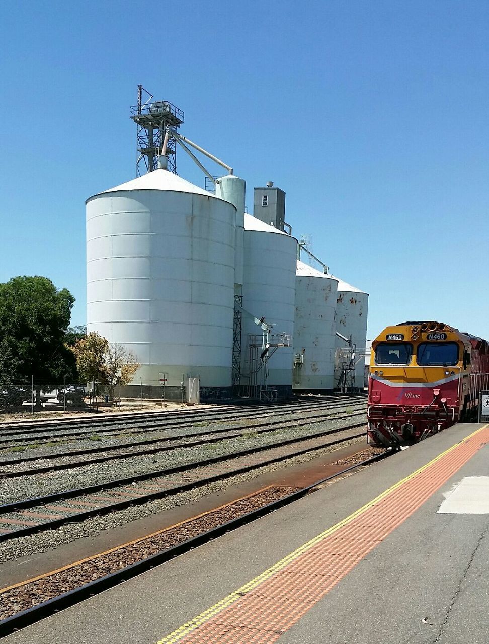 transportation, clear sky, mode of transport, day, railroad track, outdoors, no people, sky