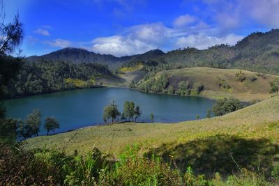 Scenic view of lake and trees against sky