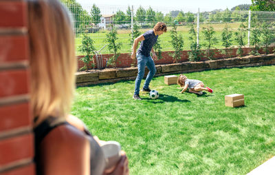 Children playing on field