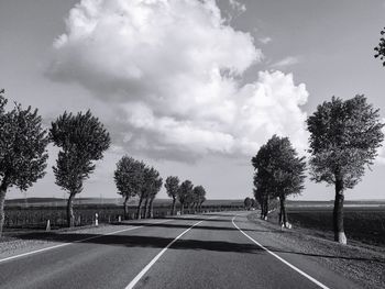 Empty road by trees against sky