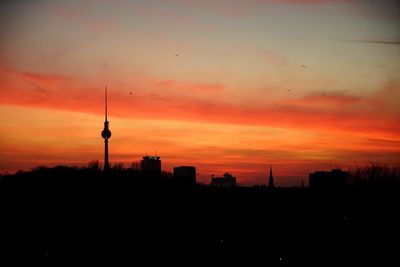 Silhouette of buildings at sunset