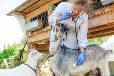 Side view of woman with goat