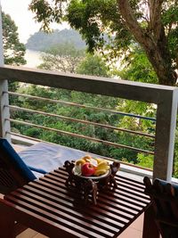 High angle view of food on table at balcony