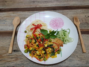 High angle view of salad in plate on table