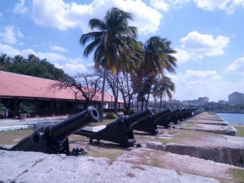 Statue by palm trees against sky