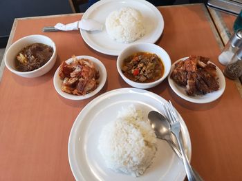 High angle view of meal served on table.