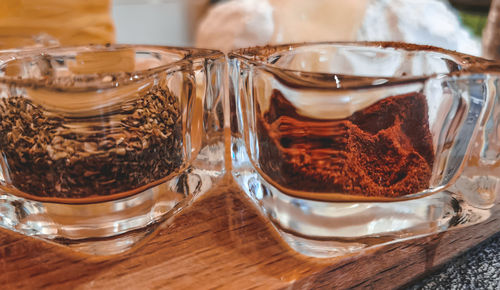 Close-up of drink in glass jar on table