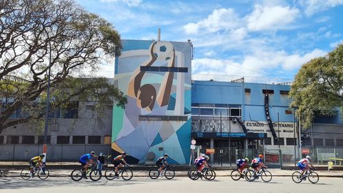 Bicycles against buildings in city