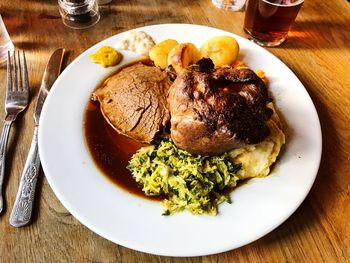 Close-up of food served on table