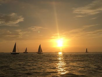 Sailboats sailing in sea against sky during sunset