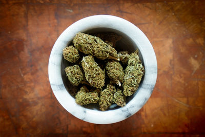 High angle view of food in bowl on table