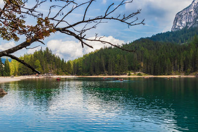 Scenic view of lake by trees against sky