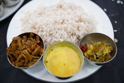 High angle view of food in plate on table