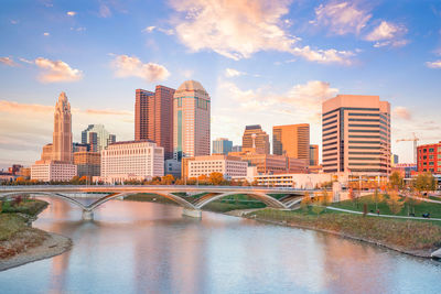 Bridge over river by buildings against sky in city