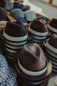 High angle view of hats for sale at market stall