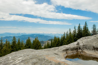 Scenic view of trees and mountains against sky