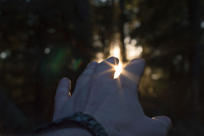 Close-up of hand holding heart shape at night