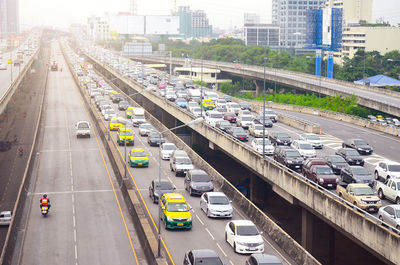 High angle view of traffic on road in city