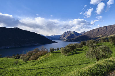 Scenic view of lake and mountains against sky