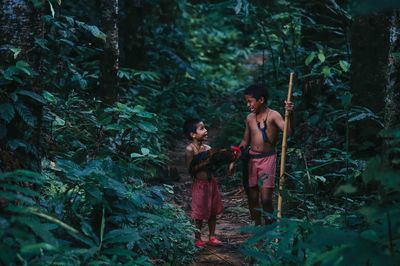 Boys with rooster standing amidst trees