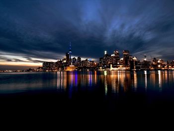 View of city lit up at night