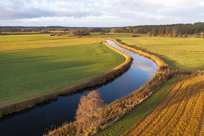 High angle view of river and fields